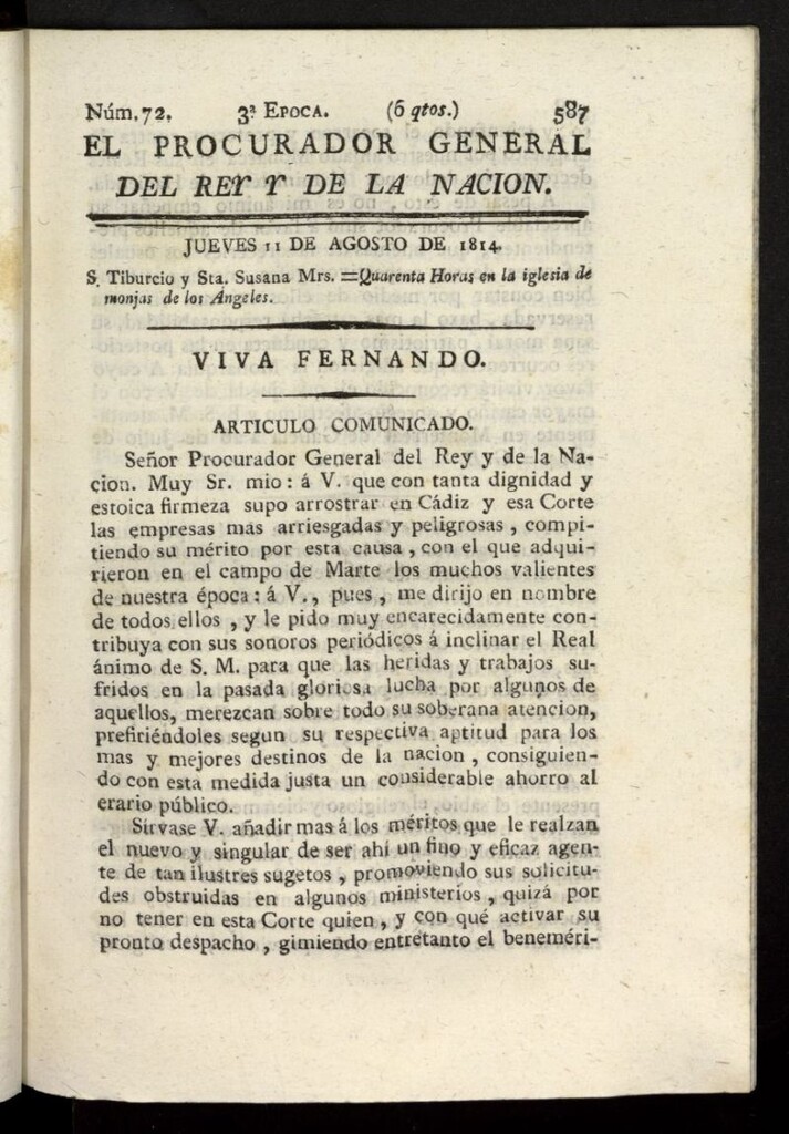 Miniatura de El Procurador General de la Nación y del Rey (Madrid) del 11 de agosto de 1814, nº 72