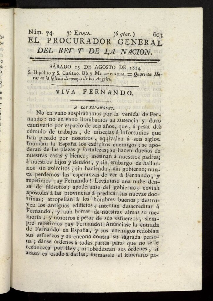 Miniatura de El Procurador General de la Nación y del Rey (Madrid) del 13 de agosto de 1814, nº 74