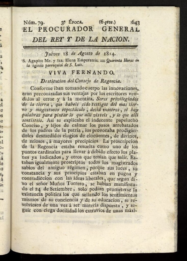 Miniatura de El Procurador General de la Nación y del Rey (Madrid) del 18 de agosto de 1814, nº 79