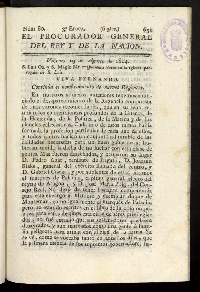 Miniatura de El Procurador General de la Nación y del Rey (Madrid) del 19 de agosto de 1814, nº 80