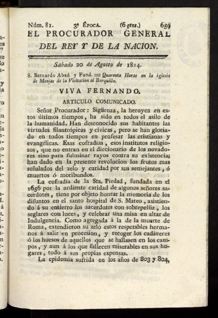 Miniatura de El Procurador General de la Nación y del Rey (Madrid) del 20 de agosto de 1814, nº 81
