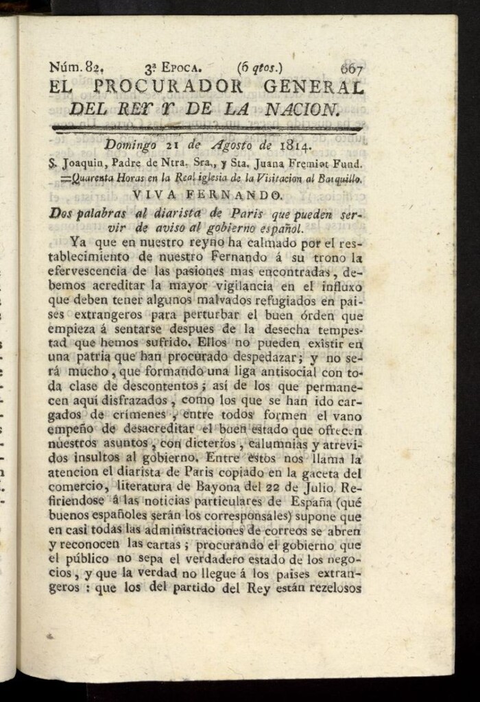 Miniatura de El Procurador General de la Nación y del Rey (Madrid) del 21 de agosto de 1814, nº 82