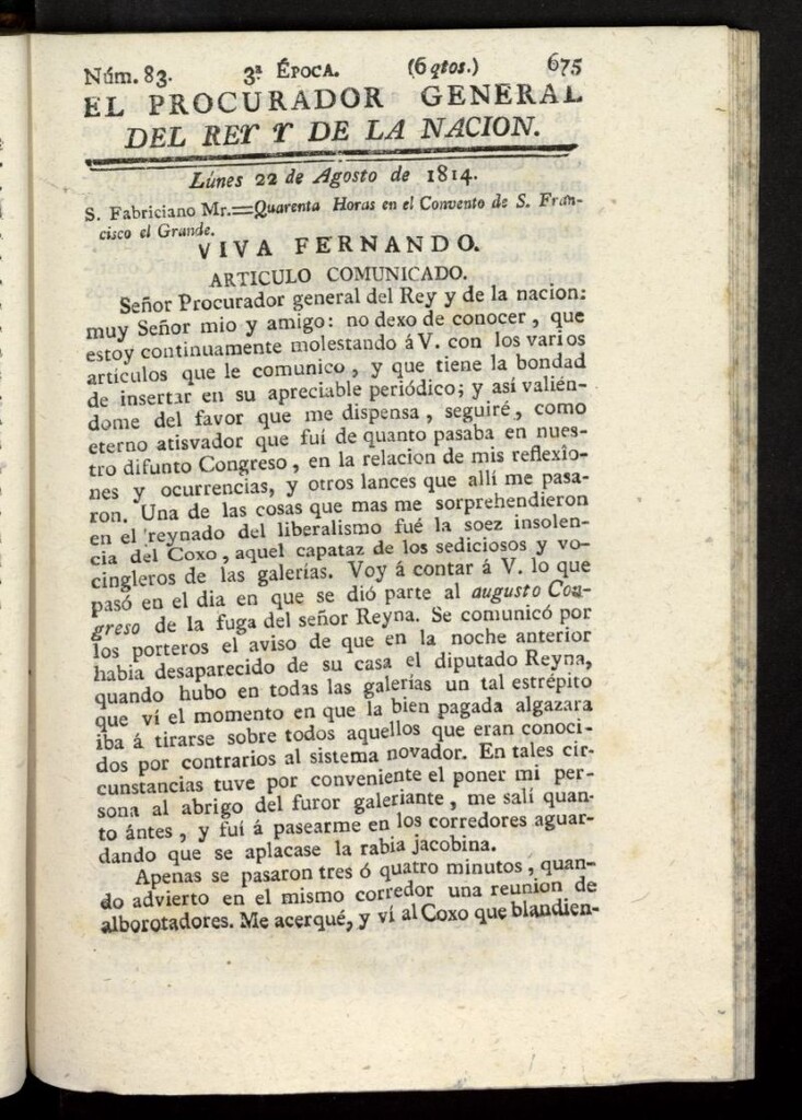 Miniatura de El Procurador General de la Nación y del Rey (Madrid) del 22 de agosto de 1814, nº 83