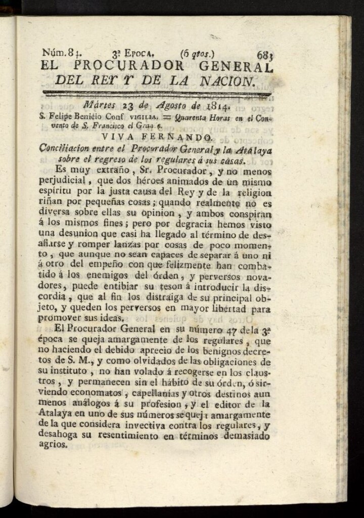 Miniatura de El Procurador General de la Nación y del Rey (Madrid) del 23 de agosto de 1814, nº 84