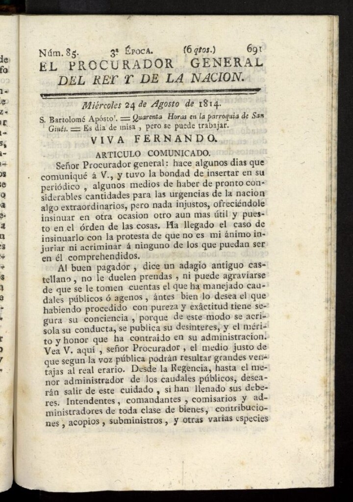 Miniatura de El Procurador General de la Nación y del Rey (Madrid) del 24 de agosto de 1814, nº 85