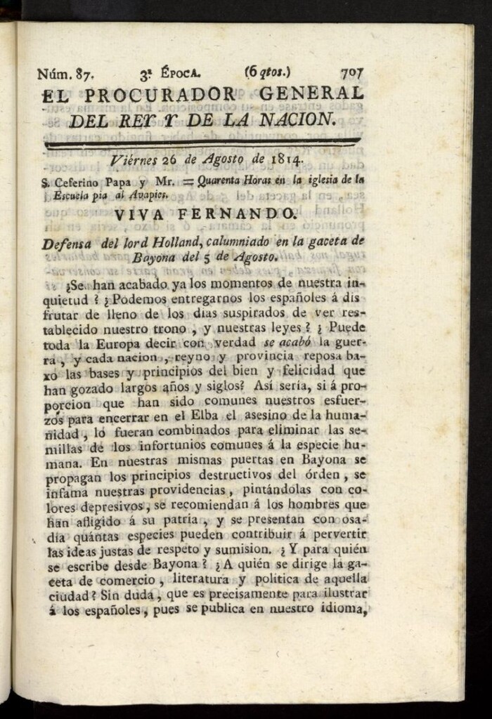 Miniatura de El Procurador General de la Nación y del Rey (Madrid) del 26 de agosto de 1814, nº 87