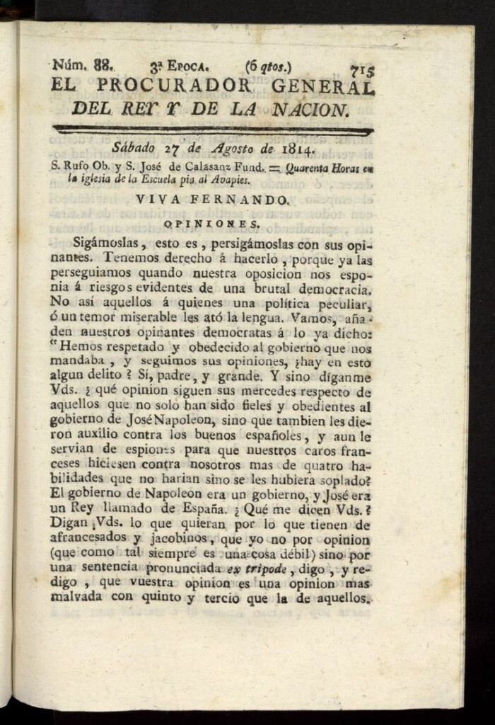 Miniatura de El Procurador General de la Nación y del Rey (Madrid) del 27 de agosto de 1814, nº 88