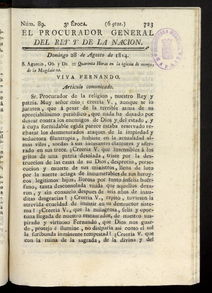 Miniatura de El Procurador General de la Nación y del Rey (Madrid) del 28 de agosto de 1814, nº 89