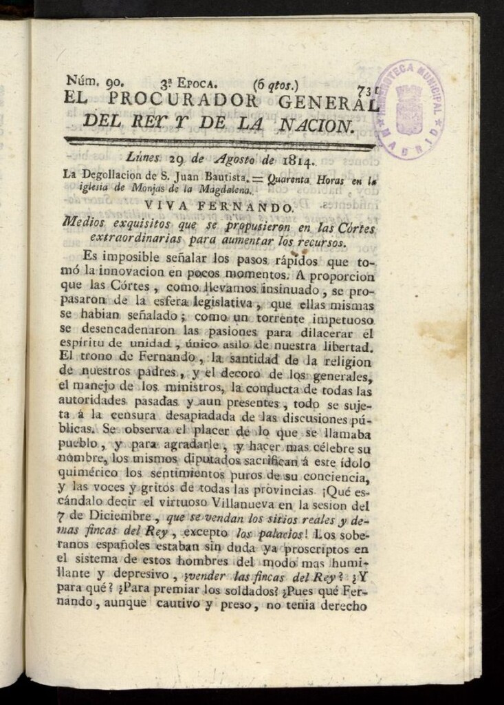Miniatura de El Procurador General de la Nación y del Rey (Madrid) del 29 de agosto de 1814, nº 90