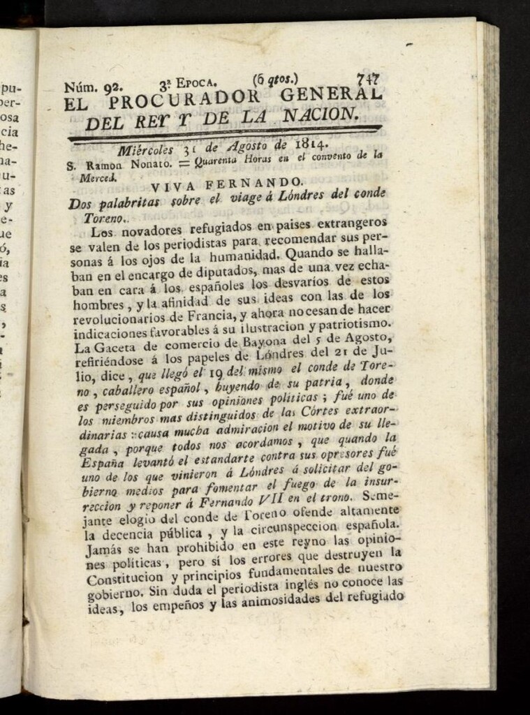 Miniatura de El Procurador General de la Nación y del Rey (Madrid) del 31 de agosto de 1814, nº 92