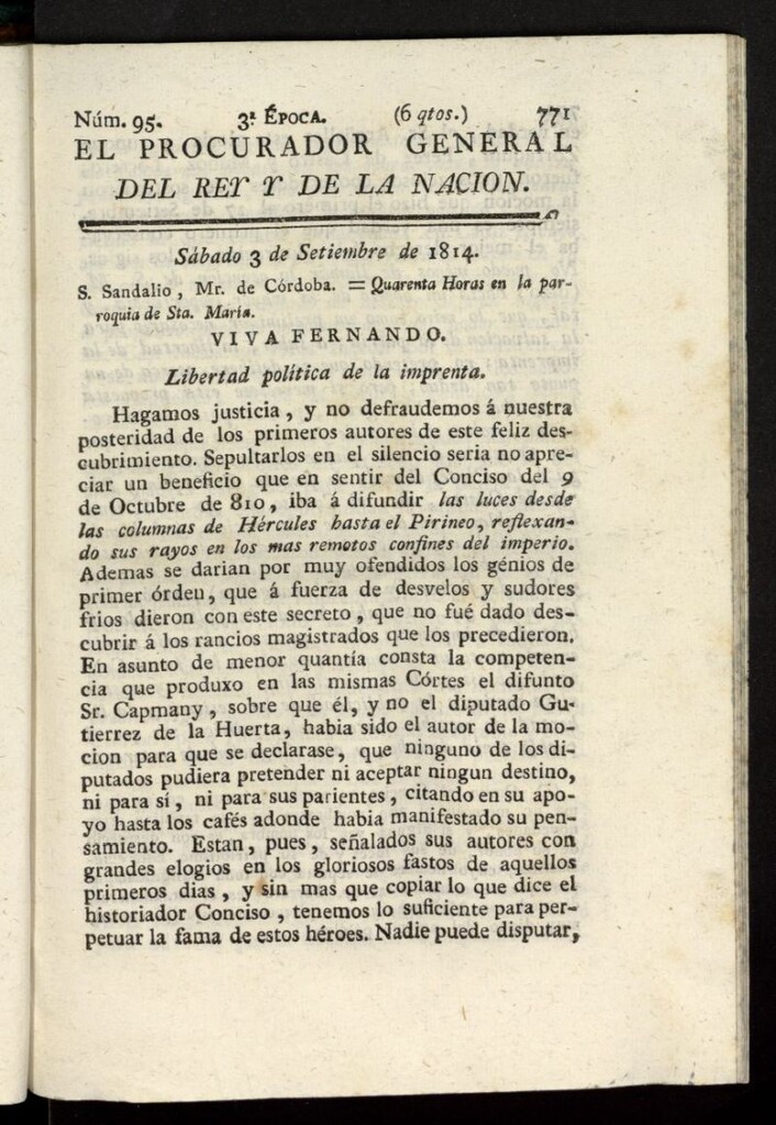 Miniatura de El Procurador General de la Nación y del Rey (Madrid) del 3 de septiembre de 1814, nº 95