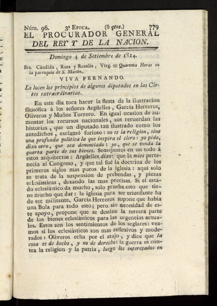 Miniatura de El Procurador General de la Nación y del Rey (Madrid) del 4 de septiembre de 1814, nº 96
