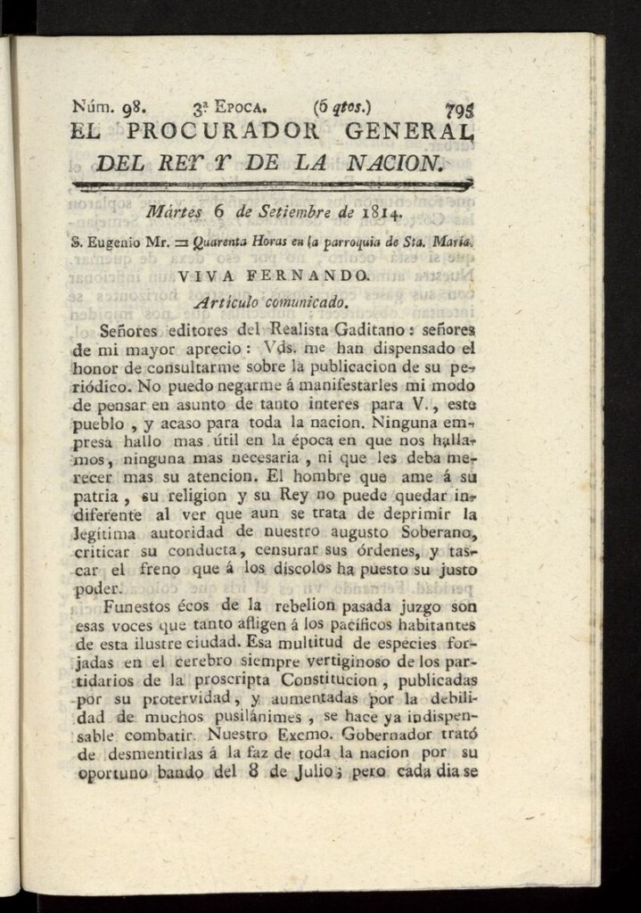 Miniatura de El Procurador General de la Nación y del Rey (Madrid) del 6 de septiembre de 1814, nº 98
