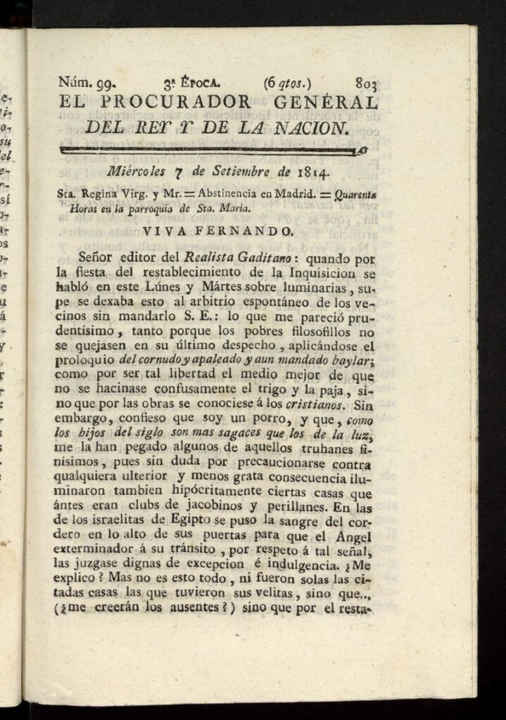 Miniatura de El Procurador General de la Nación y del Rey (Madrid) del 7 de septiembre de 1814, nº 99