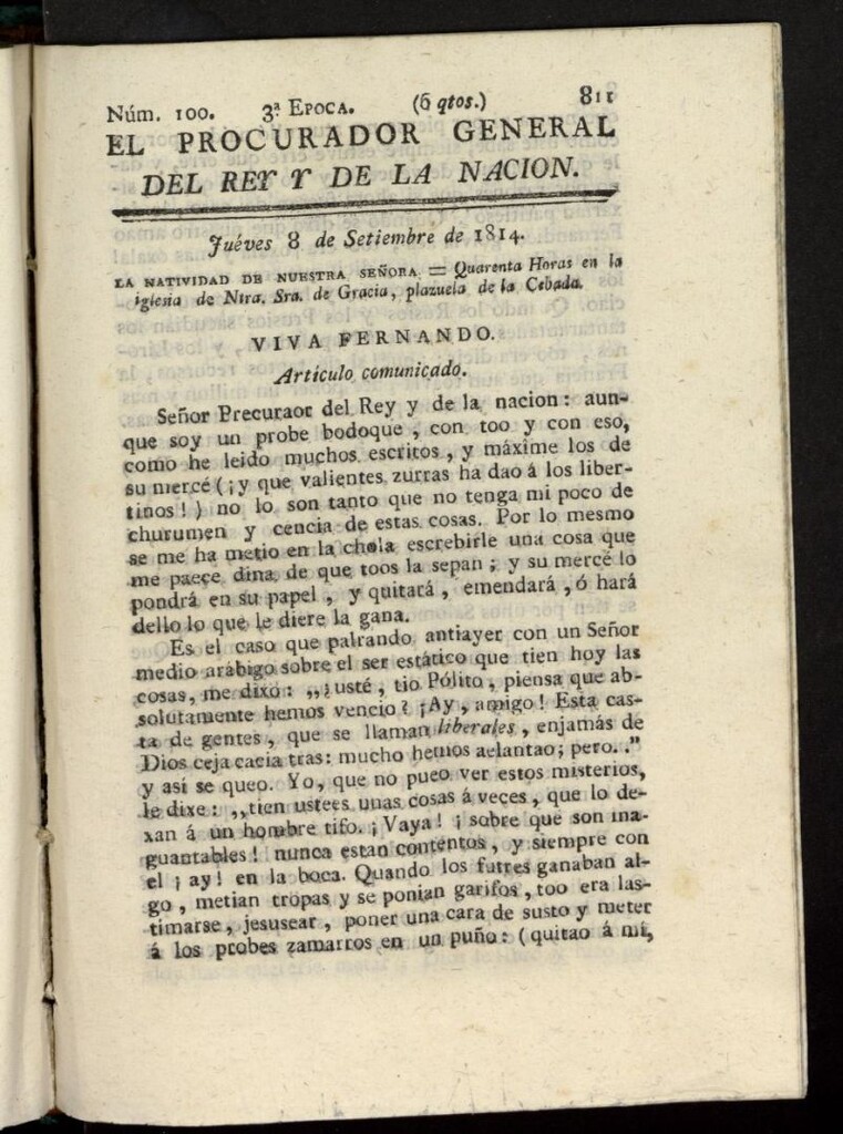 Miniatura de El Procurador General de la Nación y del Rey (Madrid) del 8 de septiembre de 1814, nº 100