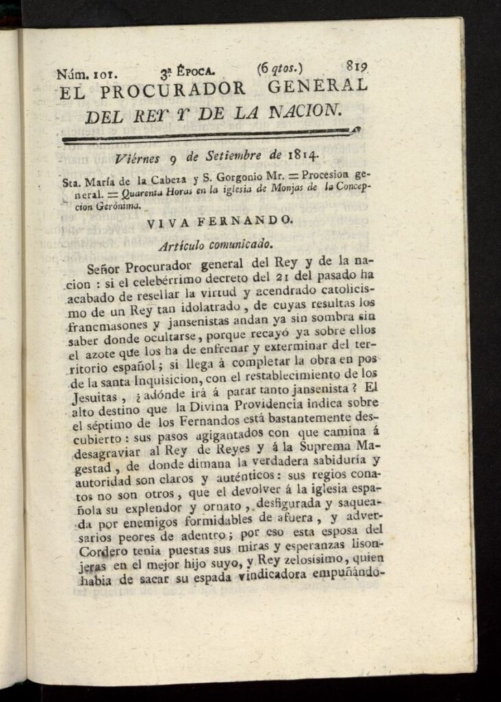 Miniatura de El Procurador General de la Nación y del Rey (Madrid) del 9 de septiembre de 1814, nº 101