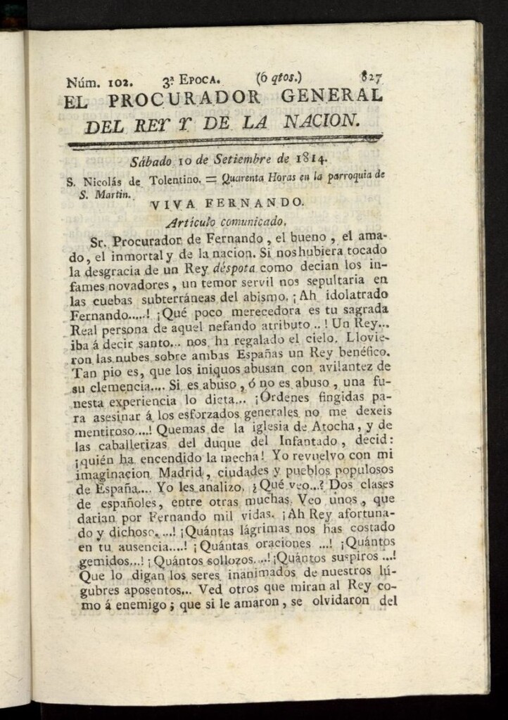 Miniatura de El Procurador General de la Nación y del Rey (Madrid) del 10 de septiembre de 1814, nº 102