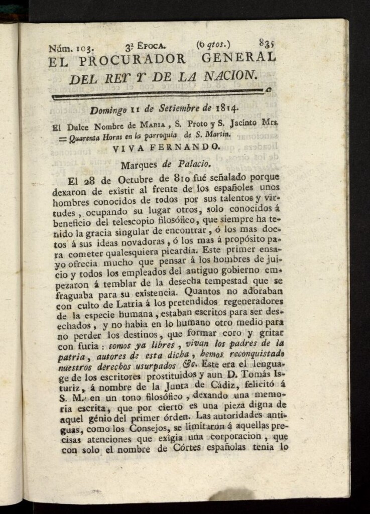 Miniatura de El Procurador General de la Nación y del Rey (Madrid) del 11 de septiembre de 1814, nº 103