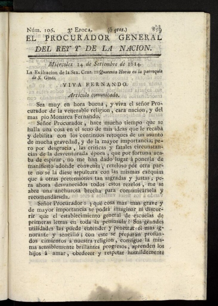 Miniatura de El Procurador General de la Nación y del Rey (Madrid) del 14 de septiembre de 1814, nº 106