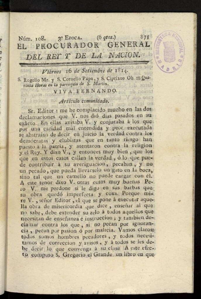 Miniatura de El Procurador General de la Nación y del Rey (Madrid) del 16 de septiembre de 1814, nº 108
