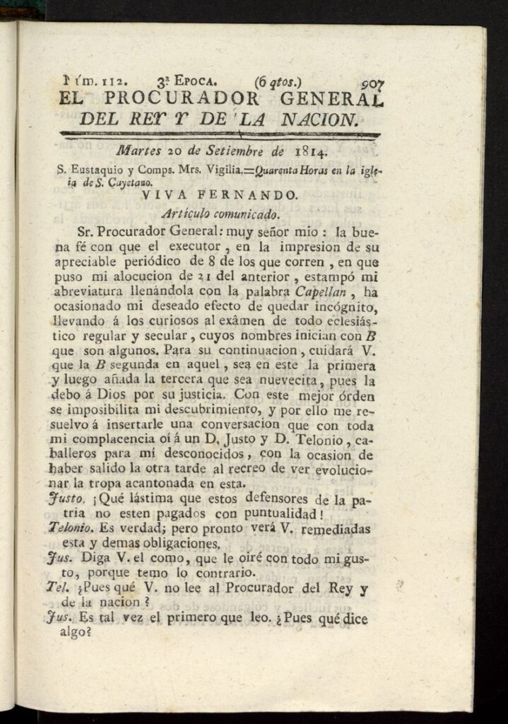 Miniatura de El Procurador General de la Nación y del Rey (Madrid) del 20 de septiembre de 1814, nº 112