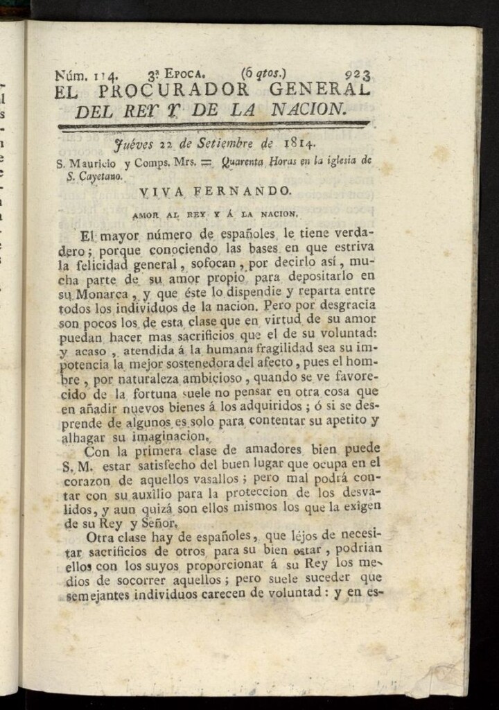 Miniatura de El Procurador General de la Nación y del Rey (Madrid) del 22 de septiembre de 1814, nº 114