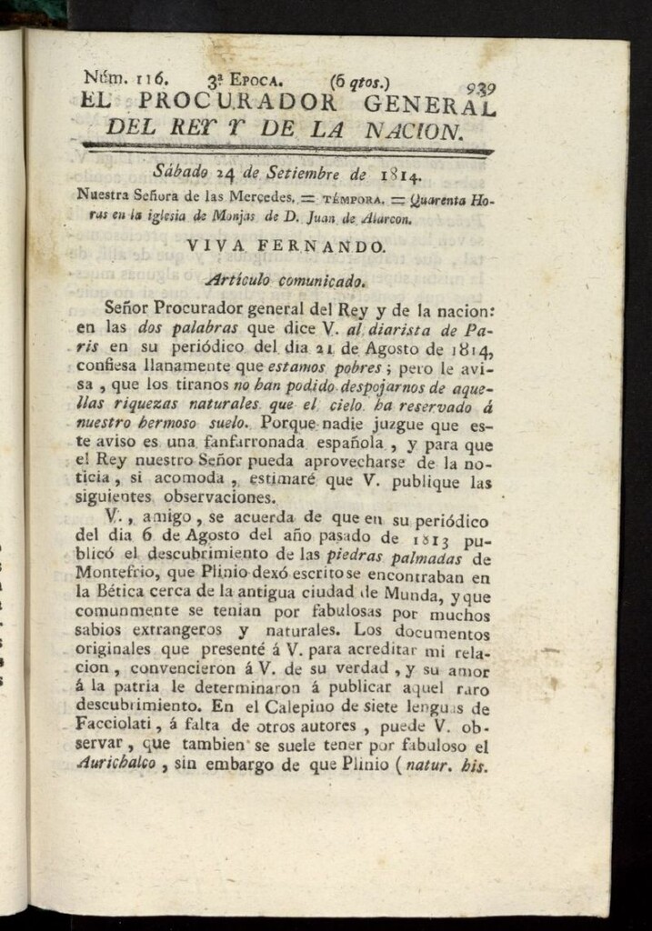 Miniatura de El Procurador General de la Nación y del Rey (Madrid) del 24 de septiembre de 1814, nº 116