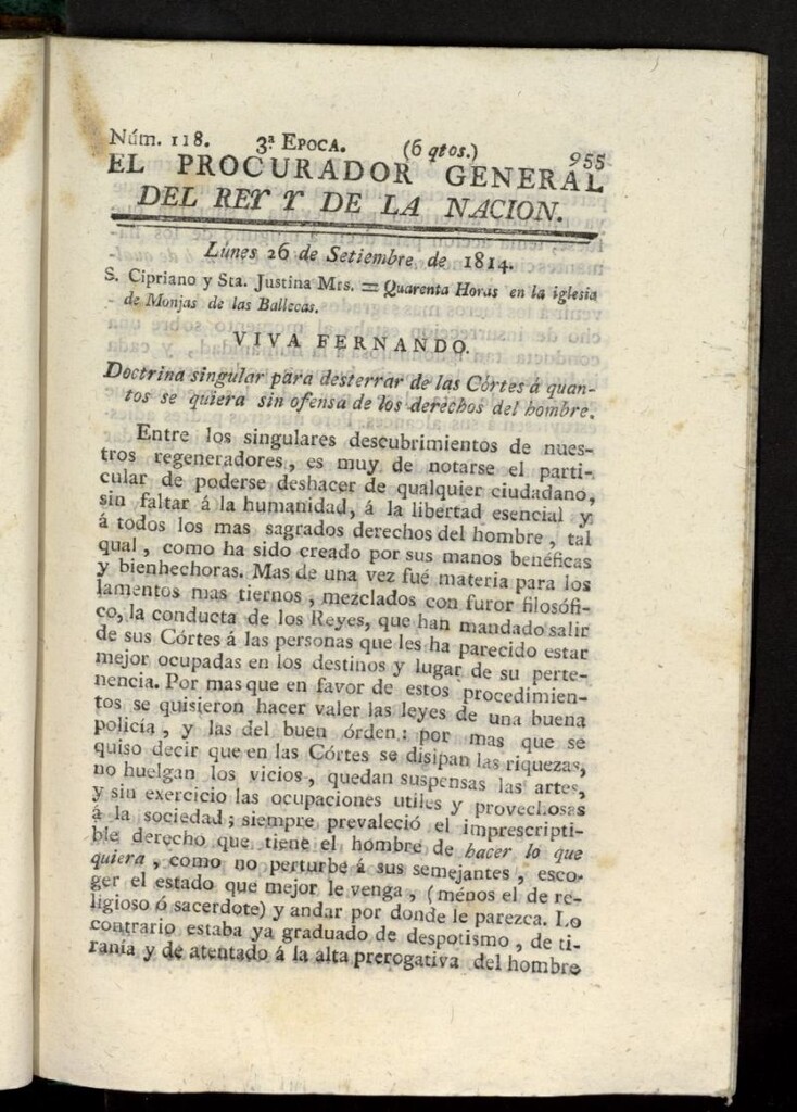 Miniatura de El Procurador General de la Nación y del Rey (Madrid) del 26 de septiembre de 1814, nº 118