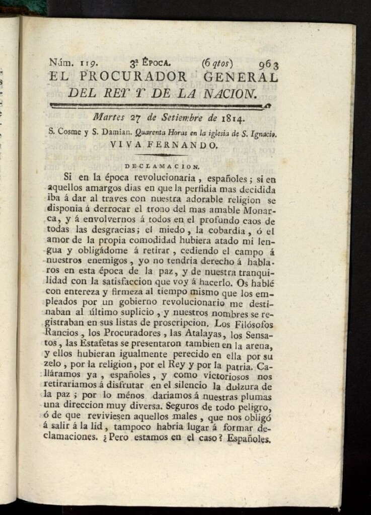 Miniatura de El Procurador General de la Nación y del Rey (Madrid) del 27 de septiembre de 1814, nº 119