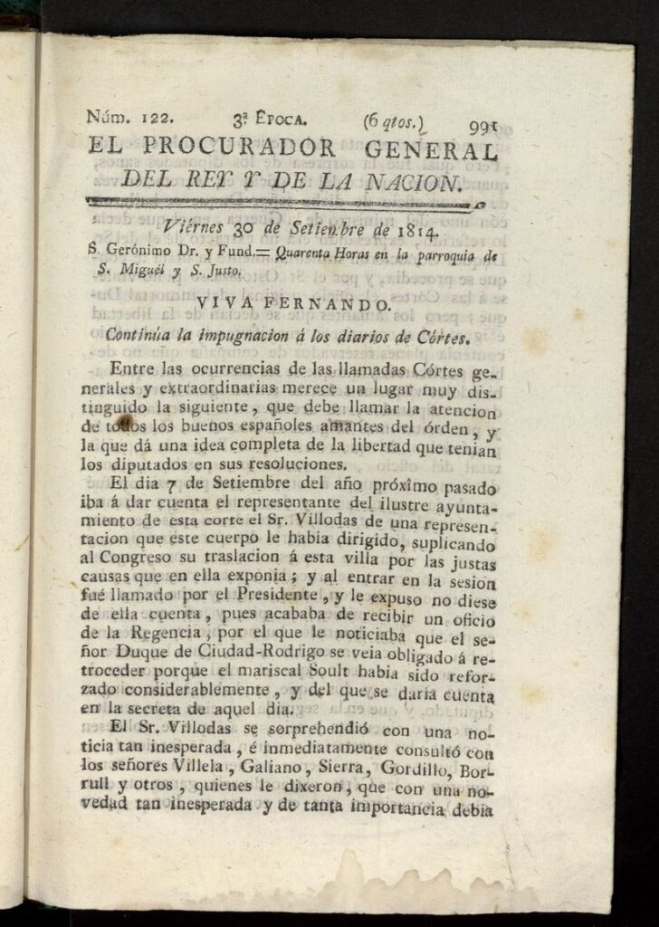 Miniatura de El Procurador General de la Nación y del Rey (Madrid) del 30 de septiembre de 1814, nº 122