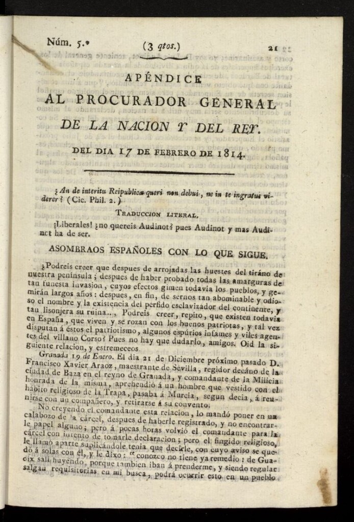 Miniatura de El Procurador General de la Nación y del Rey del 17 de febrero de 1814, apéndice nº 5