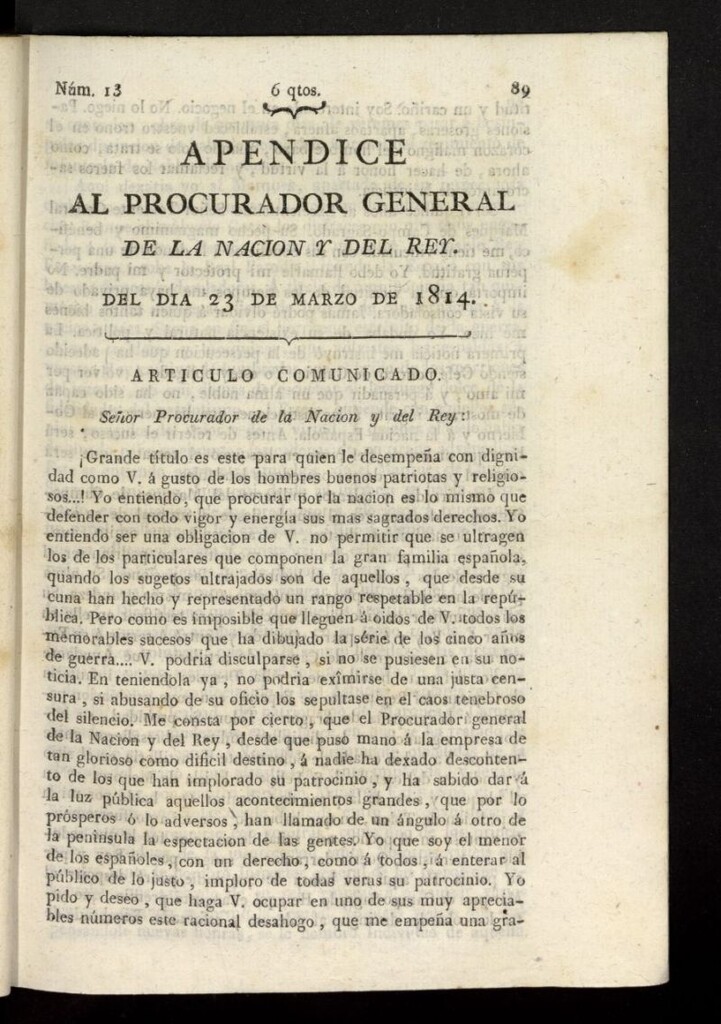 Miniatura de El Procurador General de la Nación y del Rey del 23 de marzo de 1814, apéndice nº 13