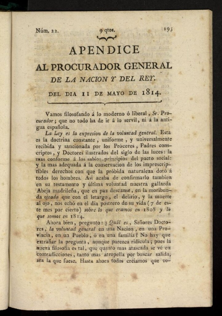 Miniatura de El Procurador General de la Nación y del Rey del 11 de mayo de 1814, apéndice nº 22