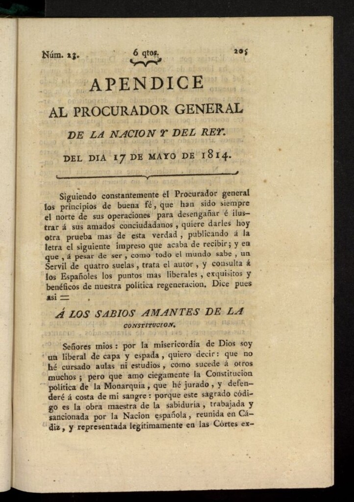 Miniatura de El Procurador General de la Nación y del Rey del 17 de mayo de 1814, apéndice nº 23