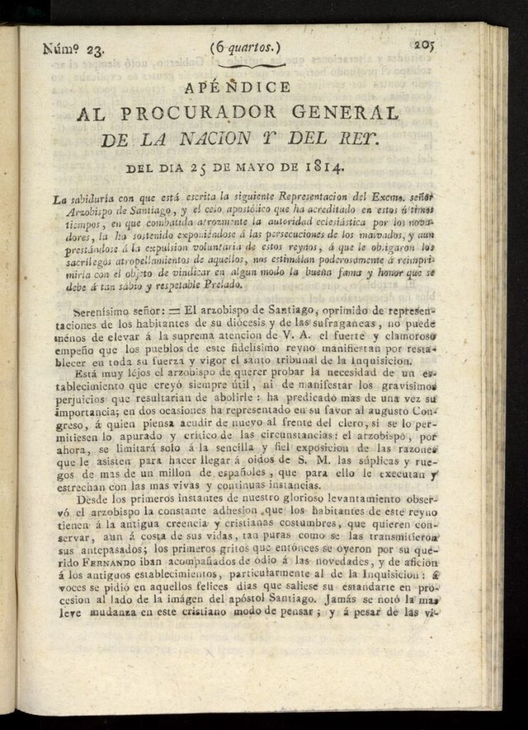 Miniatura de El Procurador General de la Nación y del Rey del 25 de mayo de 1814, apéndice nº 23 [sic]