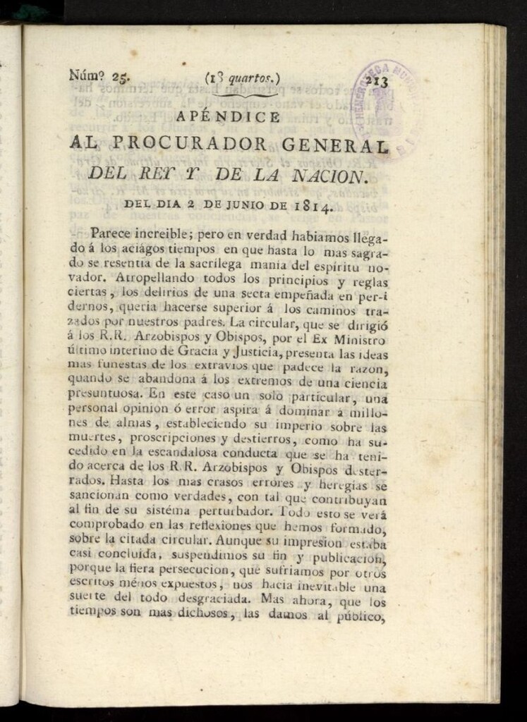 Miniatura de El Procurador General de la Nación y del Rey del 2 de junio de 1814, apéndice nº 25