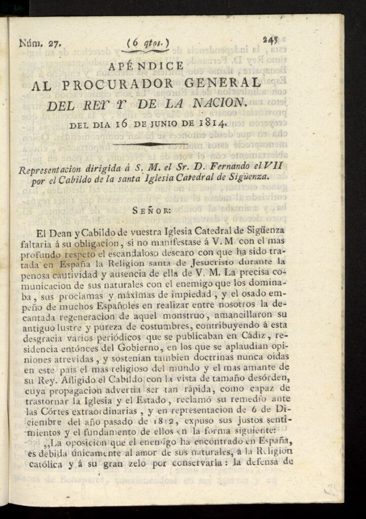 Miniatura de El Procurador General de la Nación y del Rey del 16 de junio de 1814, apéndice nº 27