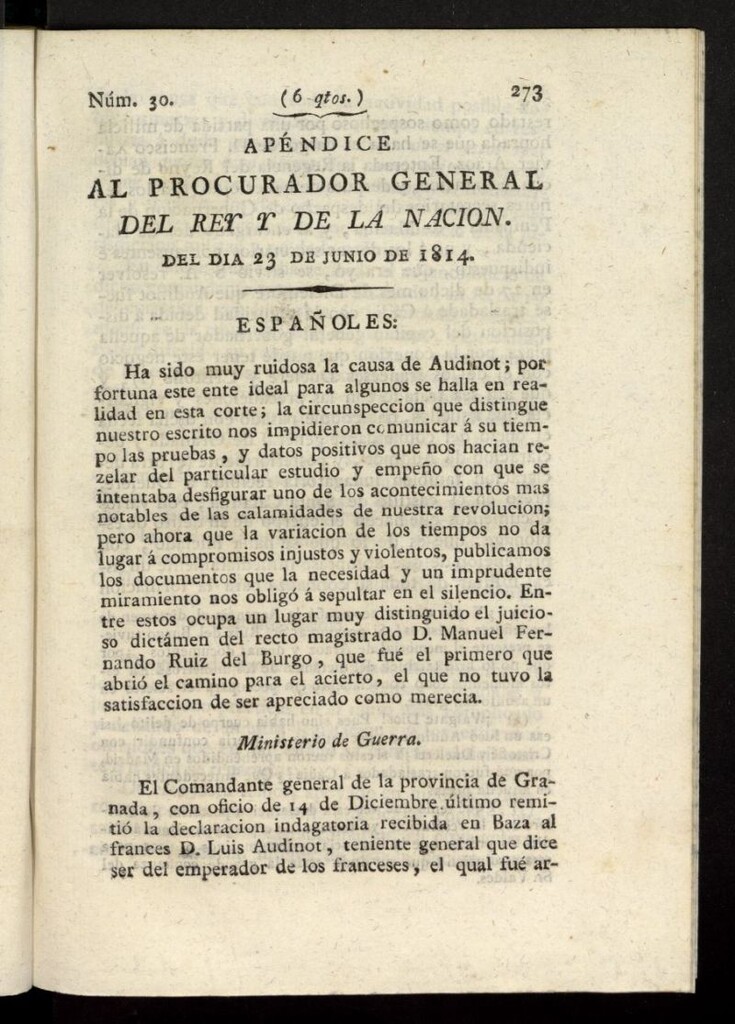Miniatura de El Procurador General de la Nación y del Rey del 23 de junio de 1814, apéndice nº 30