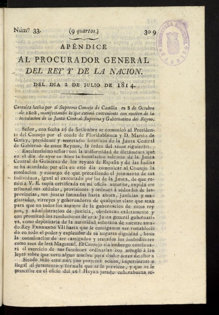 Miniatura de El Procurador General de la Nación y del Rey del 2 de julio de 1814, apéndice nº 33