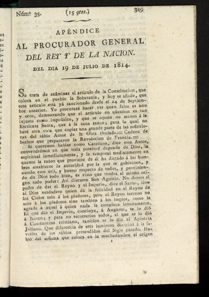 Miniatura de El Procurador General de la Nación y del Rey del 19 de julio de 1814, apéndice nº 35