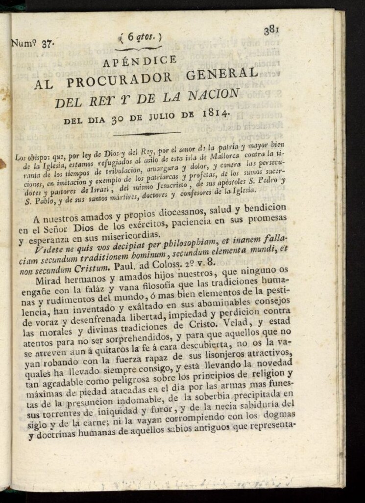Miniatura de El Procurador General de la Nación y del Rey del 30 de julio de 1814, apéndice nº 37