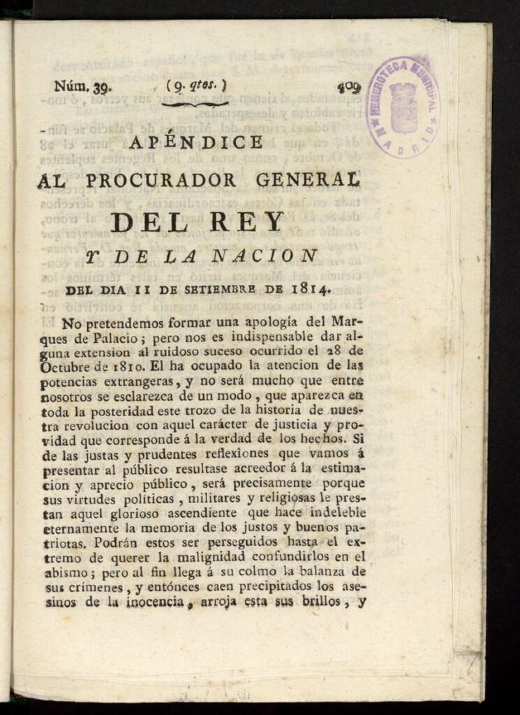 Miniatura de El Procurador General de la Nación y del Rey del 11 de septiembre de 1814, apéndice nº 39