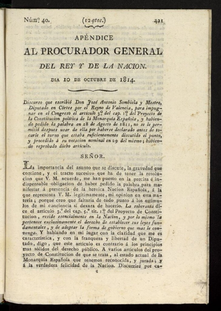 Miniatura de El Procurador General de la Nación y del Rey del 10 de octubre de 1814, apéndice nº 40