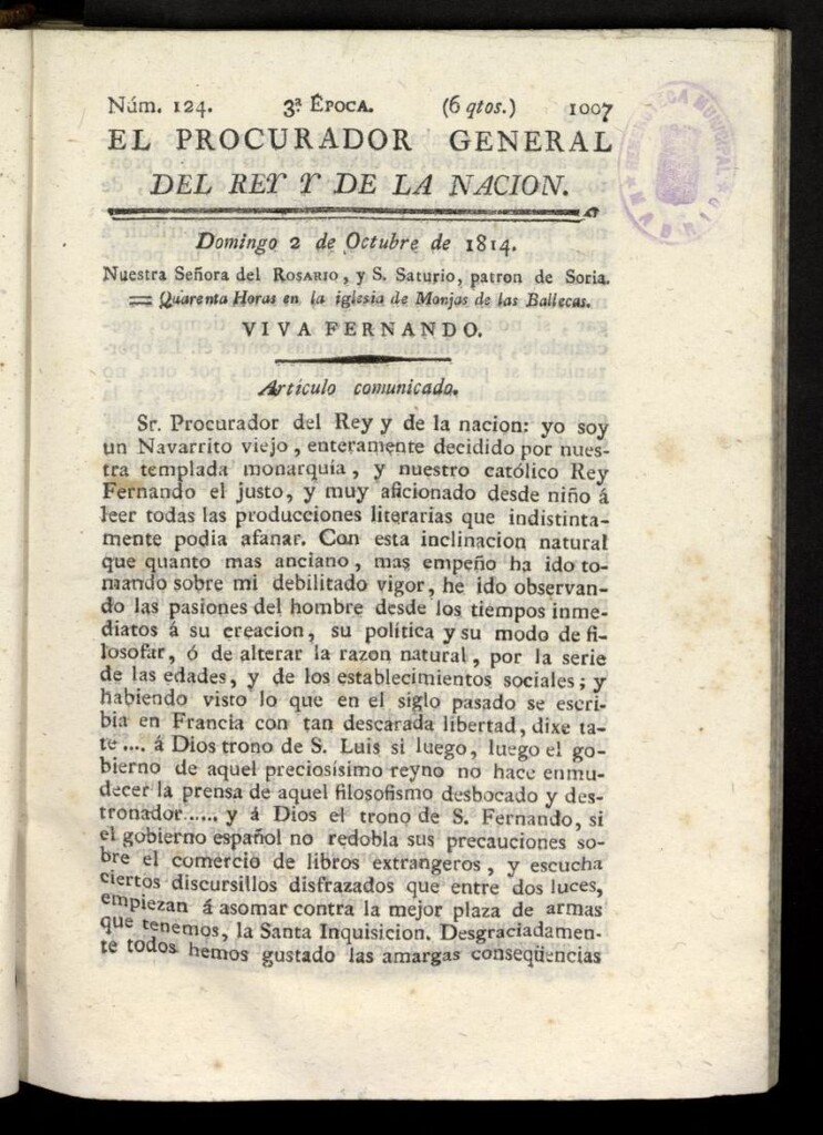 Miniatura de El Procurador General de la Nación y del Rey (Madrid) del 2 de octubre de 1814, nº 124
