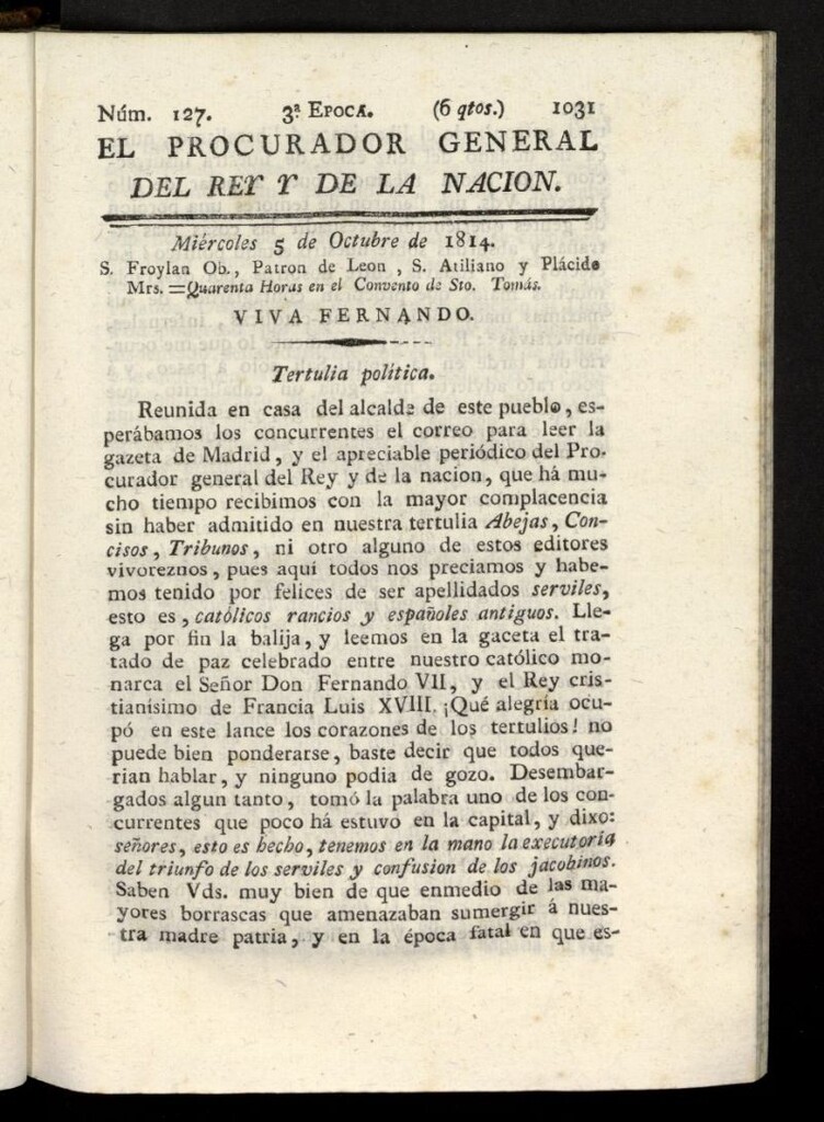 Miniatura de El Procurador General de la Nación y del Rey (Madrid) del 5 de octubre de 1814, nº 127