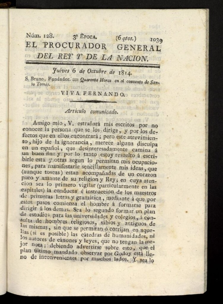 Miniatura de El Procurador General de la Nación y del Rey (Madrid) del 6 de octubre de 1814, nº 128
