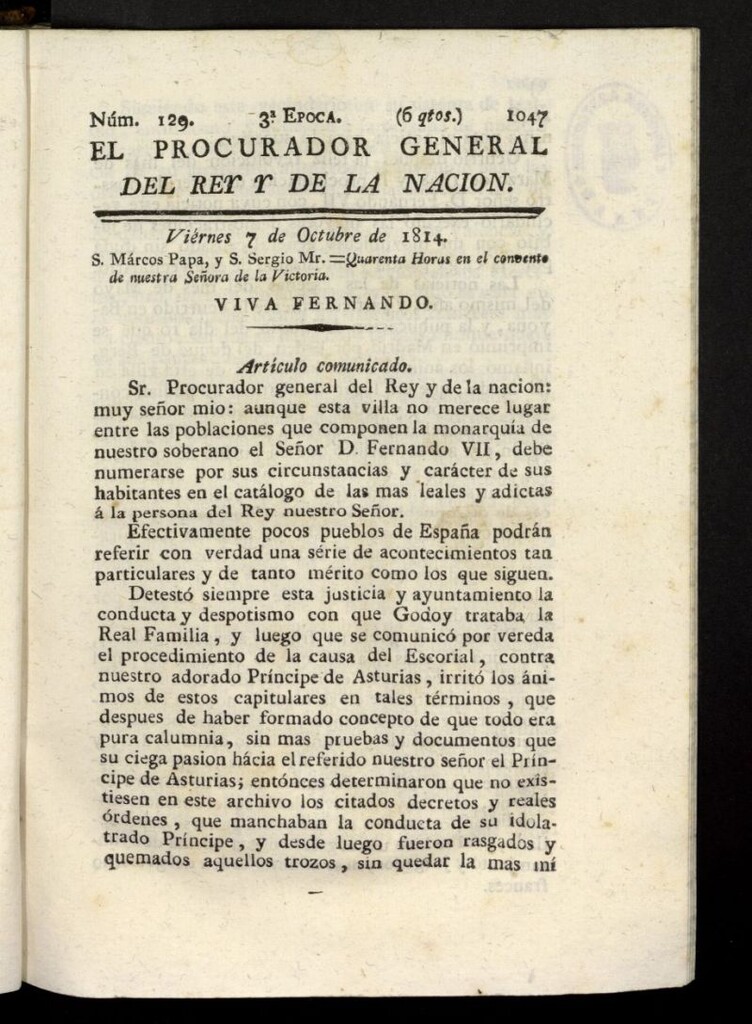Miniatura de El Procurador General de la Nación y del Rey (Madrid) del 7 de octubre de 1814, nº 129