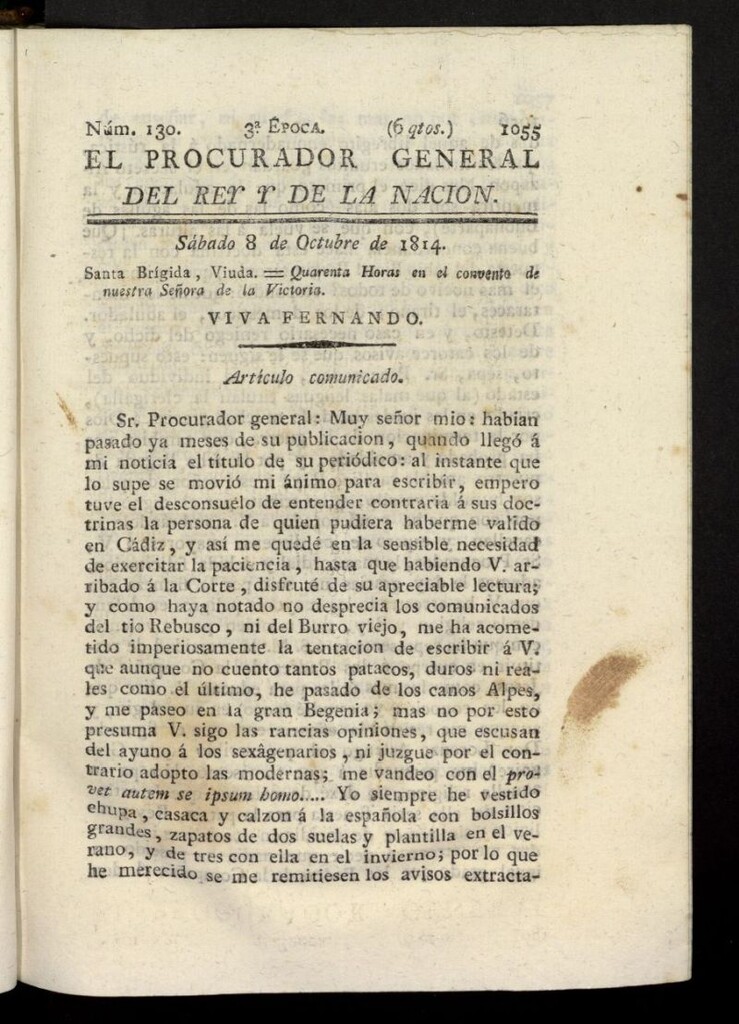 Miniatura de El Procurador General de la Nación y del Rey (Madrid) del 8 de octubre de 1814, nº 130
