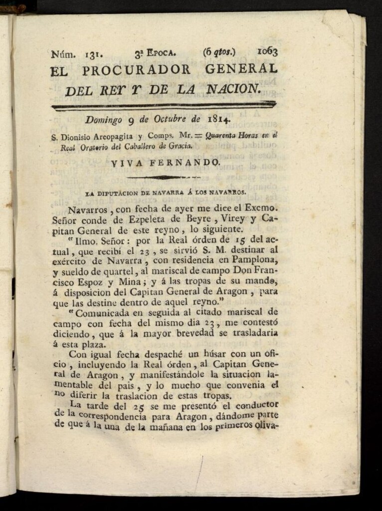 Miniatura de El Procurador General de la Nación y del Rey (Madrid) del 9 de octubre de 1814, nº 131