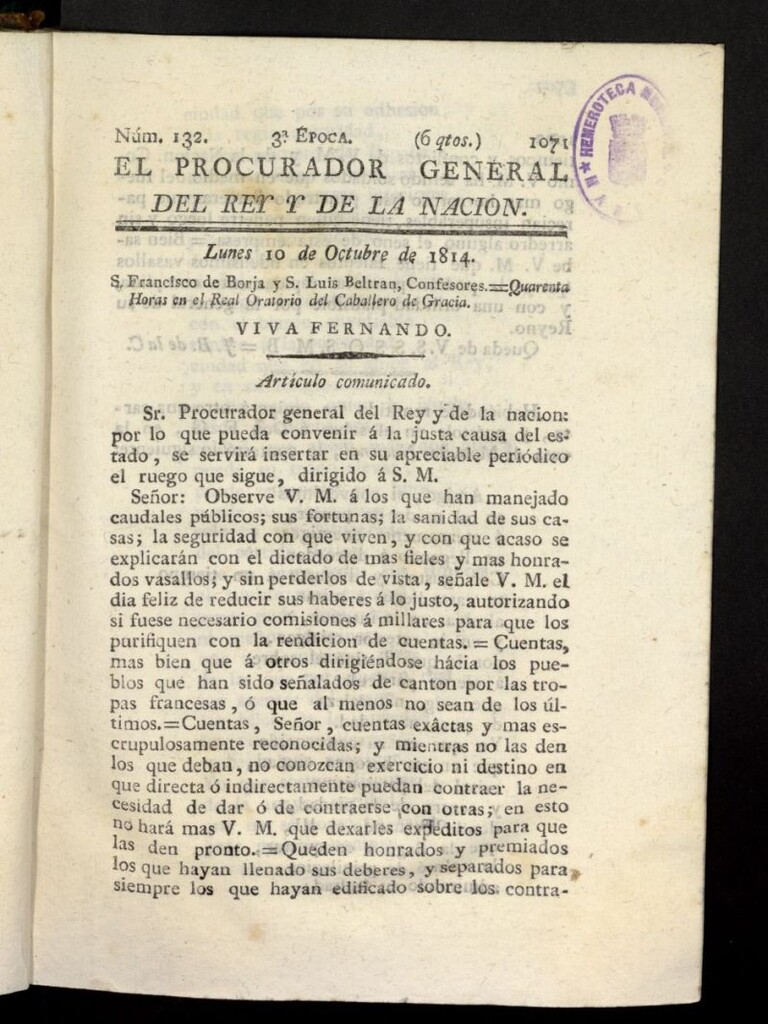 Miniatura de El Procurador General de la Nación y del Rey (Madrid) del 10 de octubre de 1814, nº 132